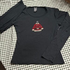 Festive Black Long Sleeve Top with Red Rhinestone & Pearl Santa Hat
